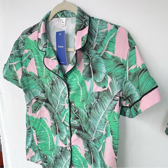 NWT! Floerns Women's Notch Collar Green/Pink Palm Print 2-Piece PJ Set, Size Sm - Picture 7 of 8